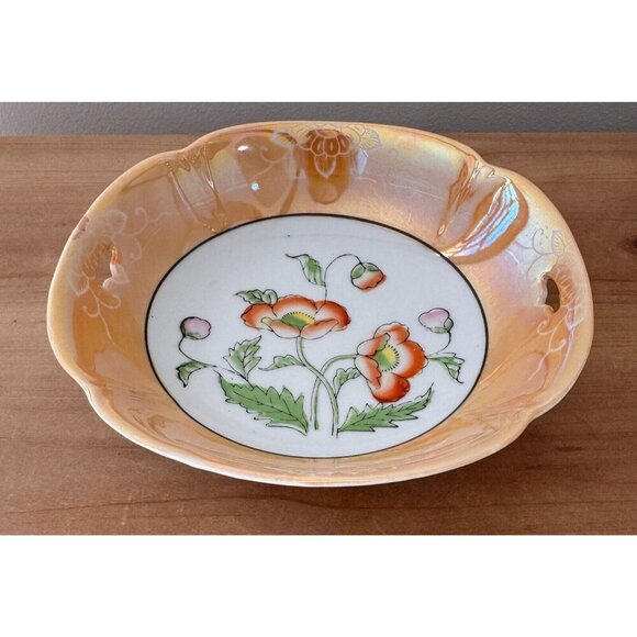 Vintage Lusterware Hand Painted Peach Floral Ceramic Serving Bowl Dish Japan - Picture 3 of 4